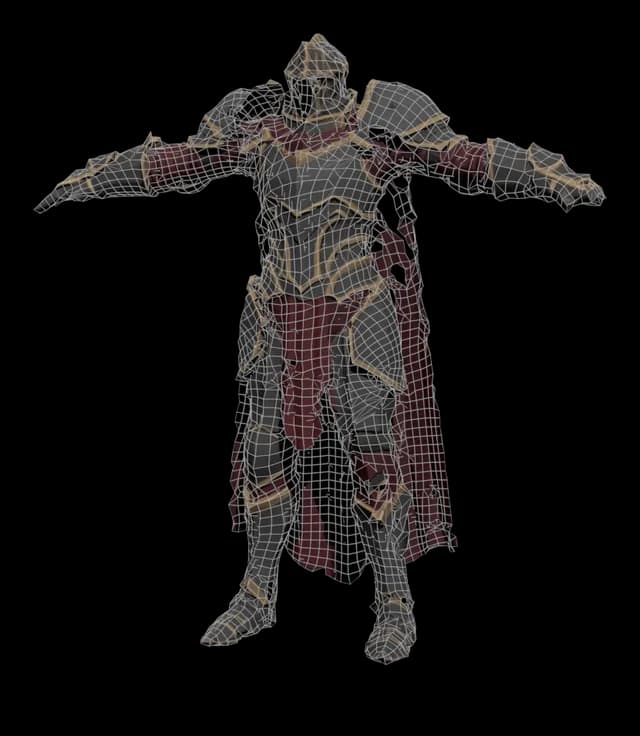 The same knight rebuilt as clean quad topology, shown as a wireframe over the baked textures