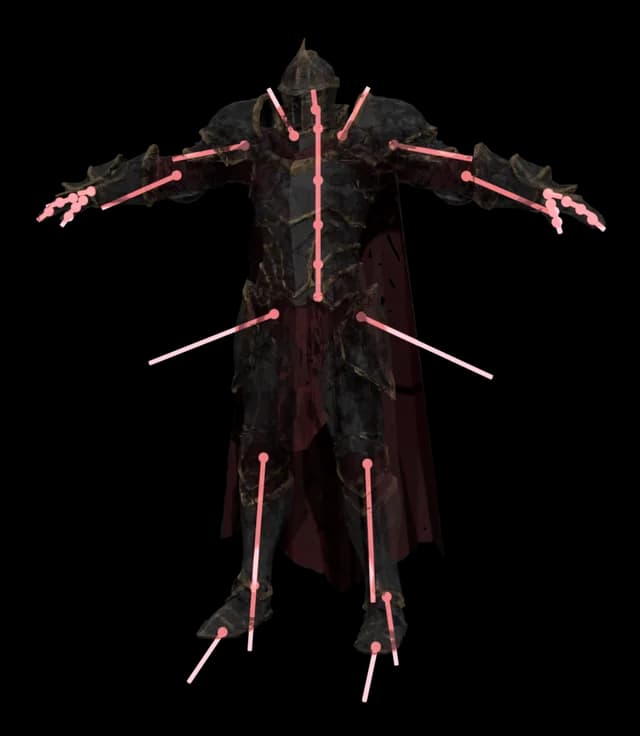 The knight with its fitted skeleton drawn through a translucent body